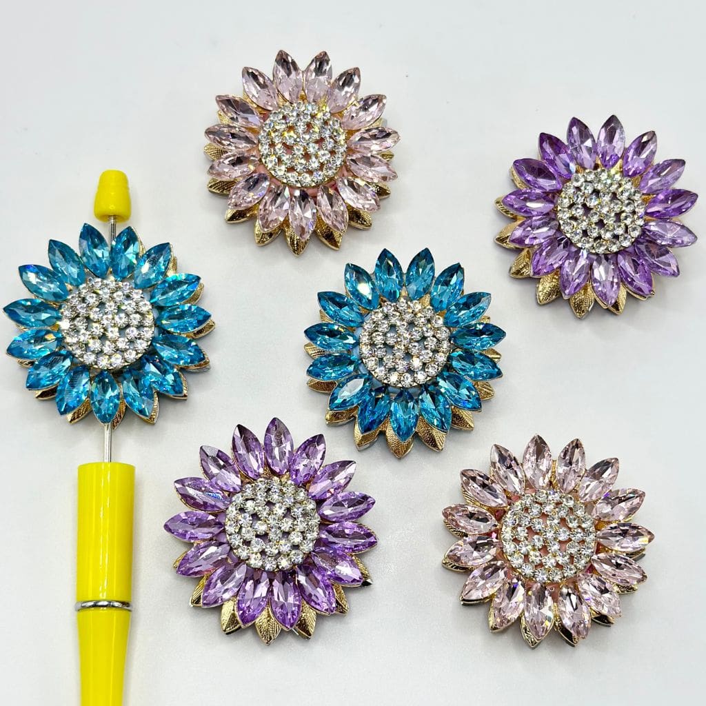 Clay Beads Fancy Sunflower with Sparkling Rhinestones over Alloy, 43mm Large