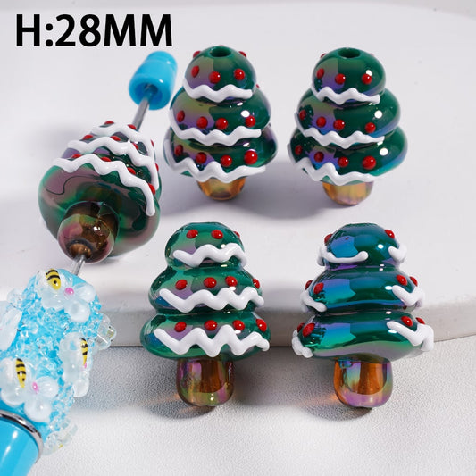 UV Coating Glitter Christmas Green Tree with Red Spot & White Wave Line Acrylic Beads Height 28MM