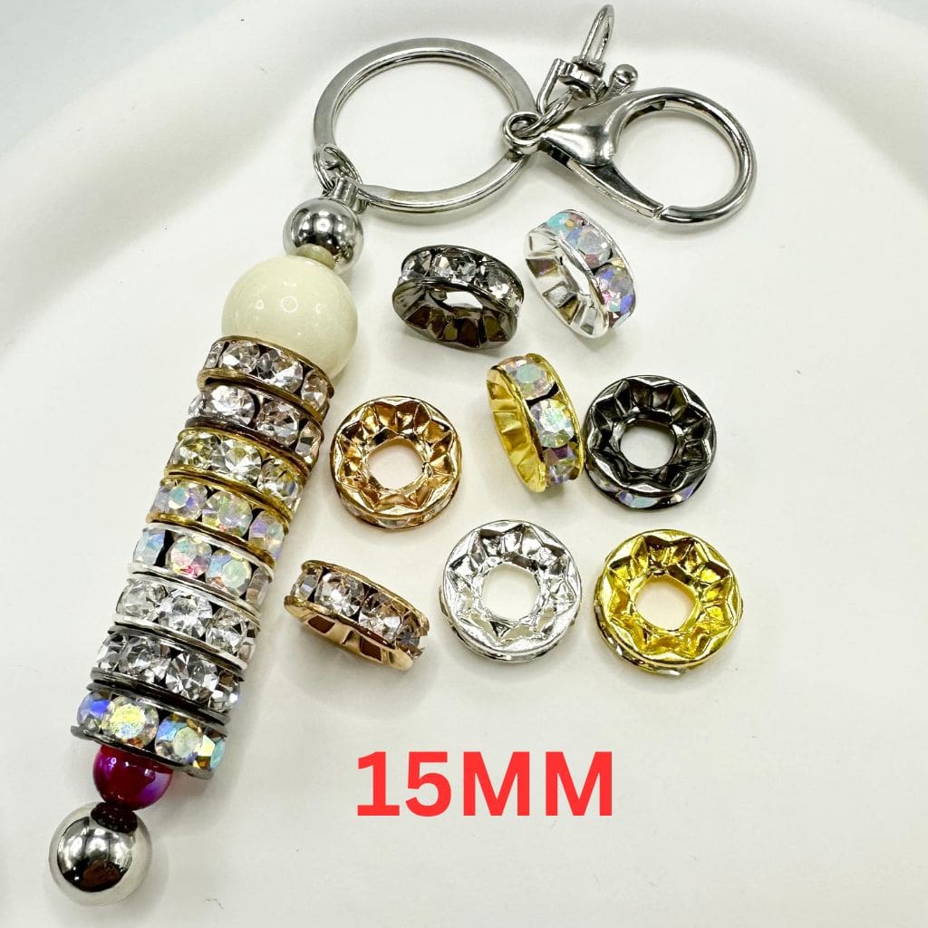 Round Metal Spacers Large Hole Spacer Beads with Rhinestones & Large Hole, Size 15mm