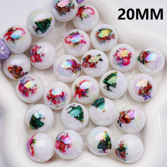 Christmas Father Santa Tree Snowman Candy Cane UV Coated Round Acrylic Beads, 20MM, Mixed Selection