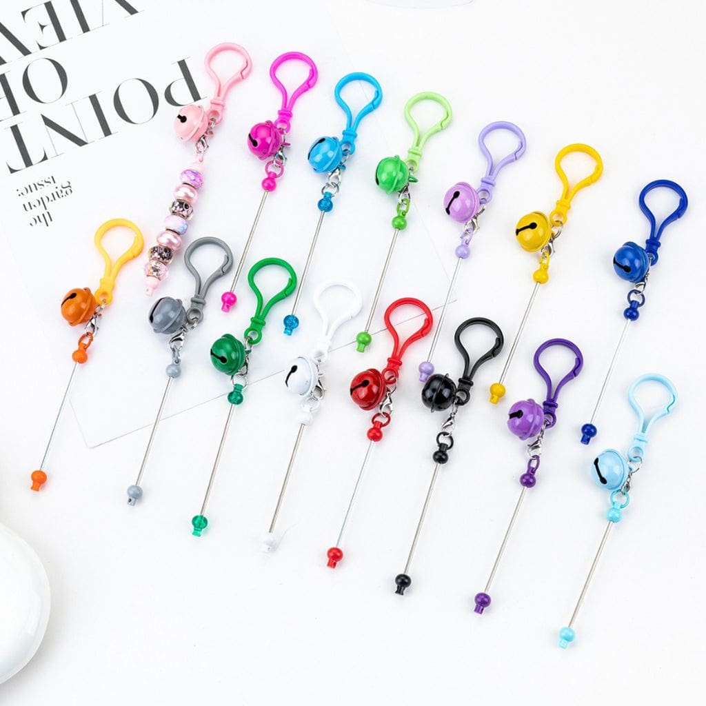 Beadable DIY Keychain with Bar Carabiner Hook Bell and Karabiner in Solid Color, 153MM