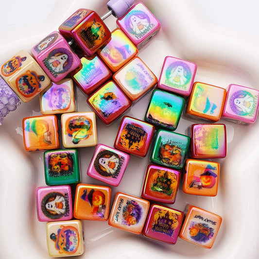 Cube Shape with Spirit, Pumpkin, School House, Bat Halloween Theme Acrylic Beads 15MM Random Mix