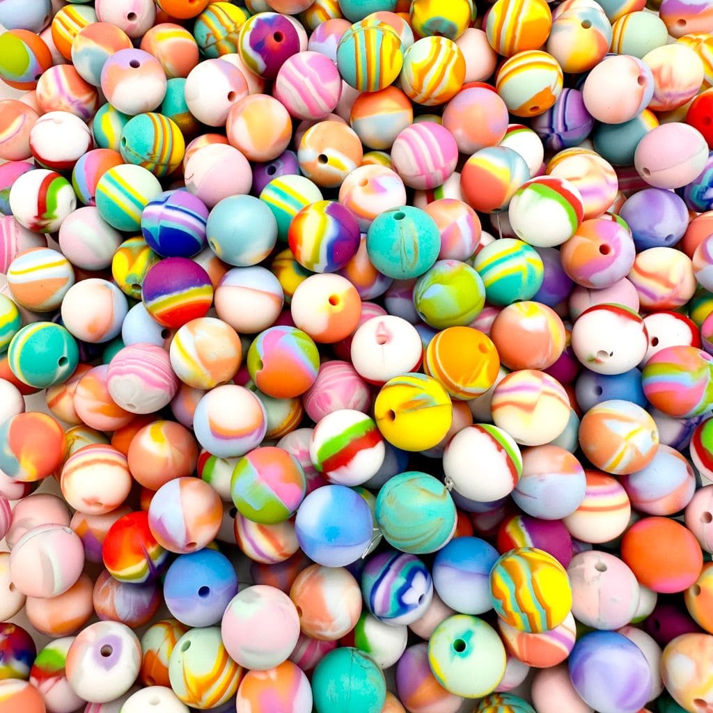 Multicolor Abstract Marble Pattern Printed Silicone Beads with Swirls, 15mm