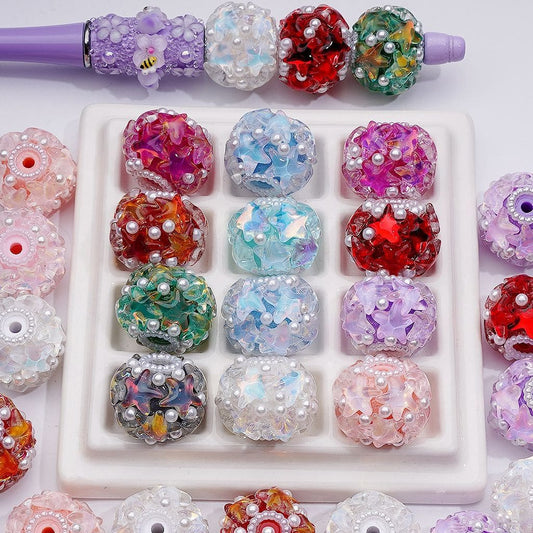 Shiny Stars Multi-Color Round Acrylic Beads with White Pearls 22*18MM