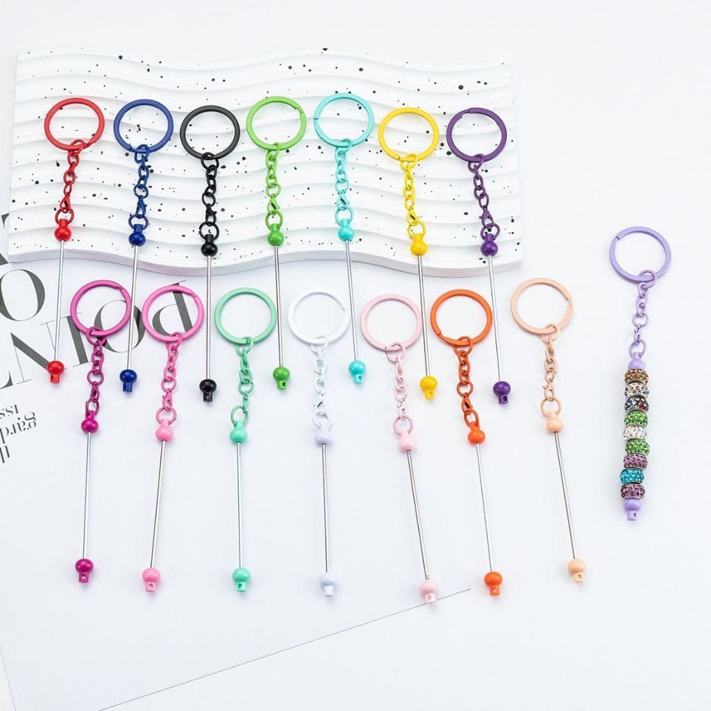 New Style Beadable DIY Metal Keychain with Bar in Solid Color, 153MM