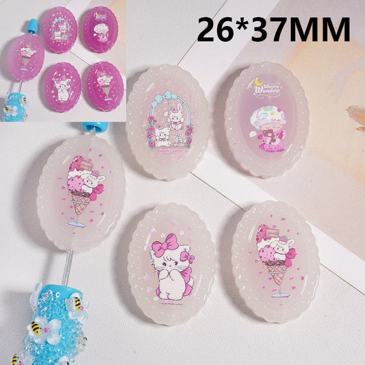 Cute Bunny Cat & Girl with Bow Prints, Flat Oval Shape Color Changing Acrylic Beads 26*37MM (Single Color is available for 100pcs(Whole Bag) Only)