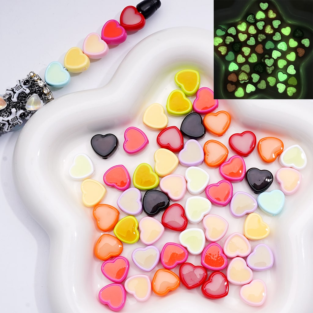 Mini Luminous Heart Acrylic Beads in Multi-Colors, 13×12MM (500pcs Single Color Whole Bag Available)