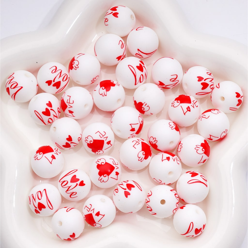 White with Red Love Heart Print Valentine’s Day Silicone Beads 15MM Numer Z-00282
