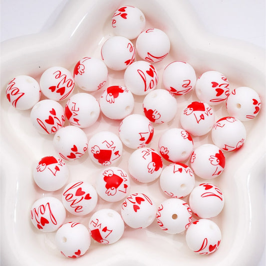 White with Red Love Heart Print Valentine’s Day Silicone Beads 15MM Numer Z-00282