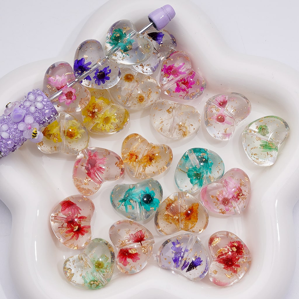 Dried Flowers Gold Foil Paper Inside Multi-Color Clear Heart Acrylic Beads 20MM (Single Color is available for 200pcs Whole bag)