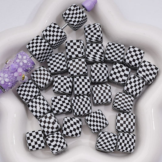Cube Squar Black White Printed Checkers Silicone Beads, 14MM