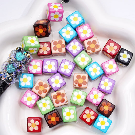 Square Cube with Mini Flowers 12MM Solid Colors Acrylic Beads Single Color Option