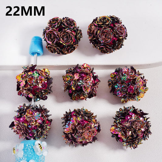 UV Coated Shiny Floral Purple & Red Flower with Rhinestones Round Clay Beads