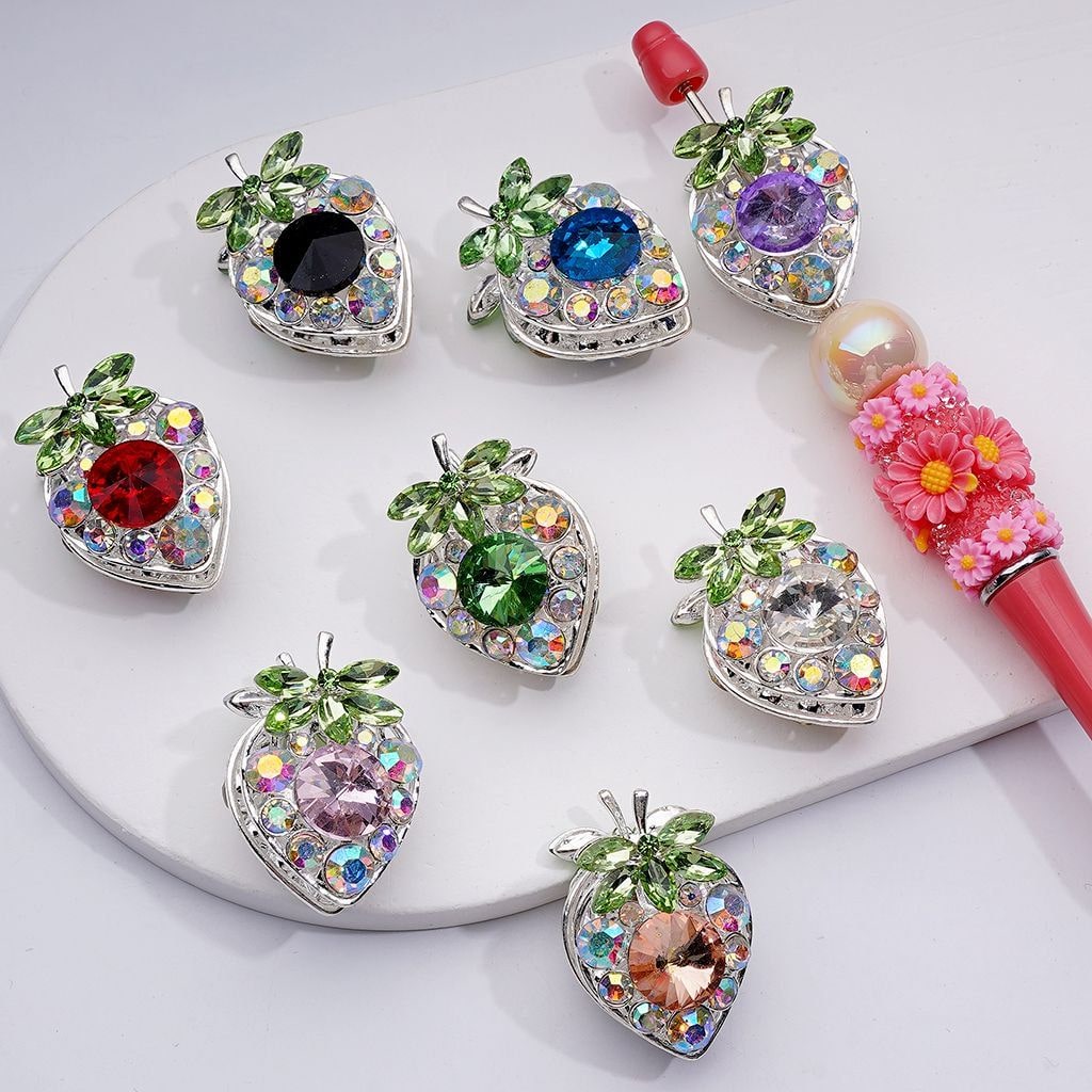 Strawberry Beads with Multi-Color Cone Shape Green Leaf AB Rhinestones Fancy Silver Alloy 22*33MM