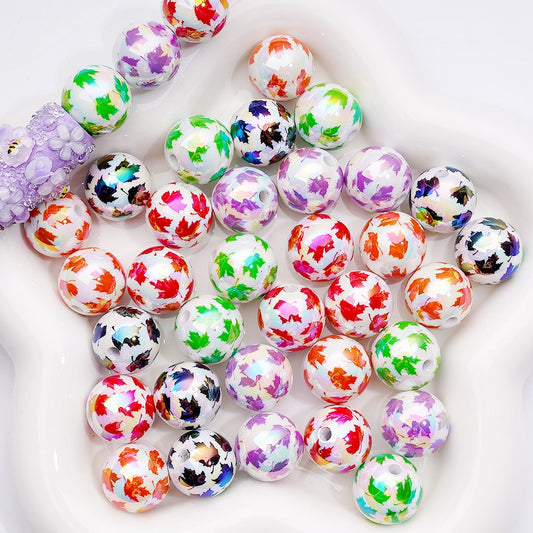 UV Coated Maple Leaf Print Multi-Color Round Acrylic Beads 16mm（Single Color is available for 200pcs(Whole Bag))