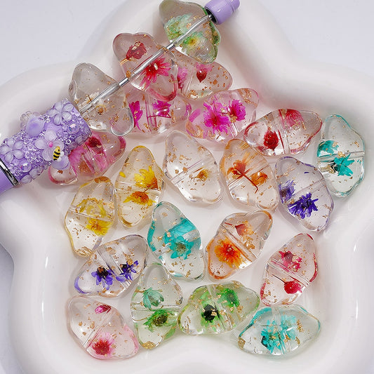 Clear Cloud Acrylic Beads with Multicolor Dried Flowers & Gold Foil 13*22MM  (Single Color is available for 200pcs(Whole bag))