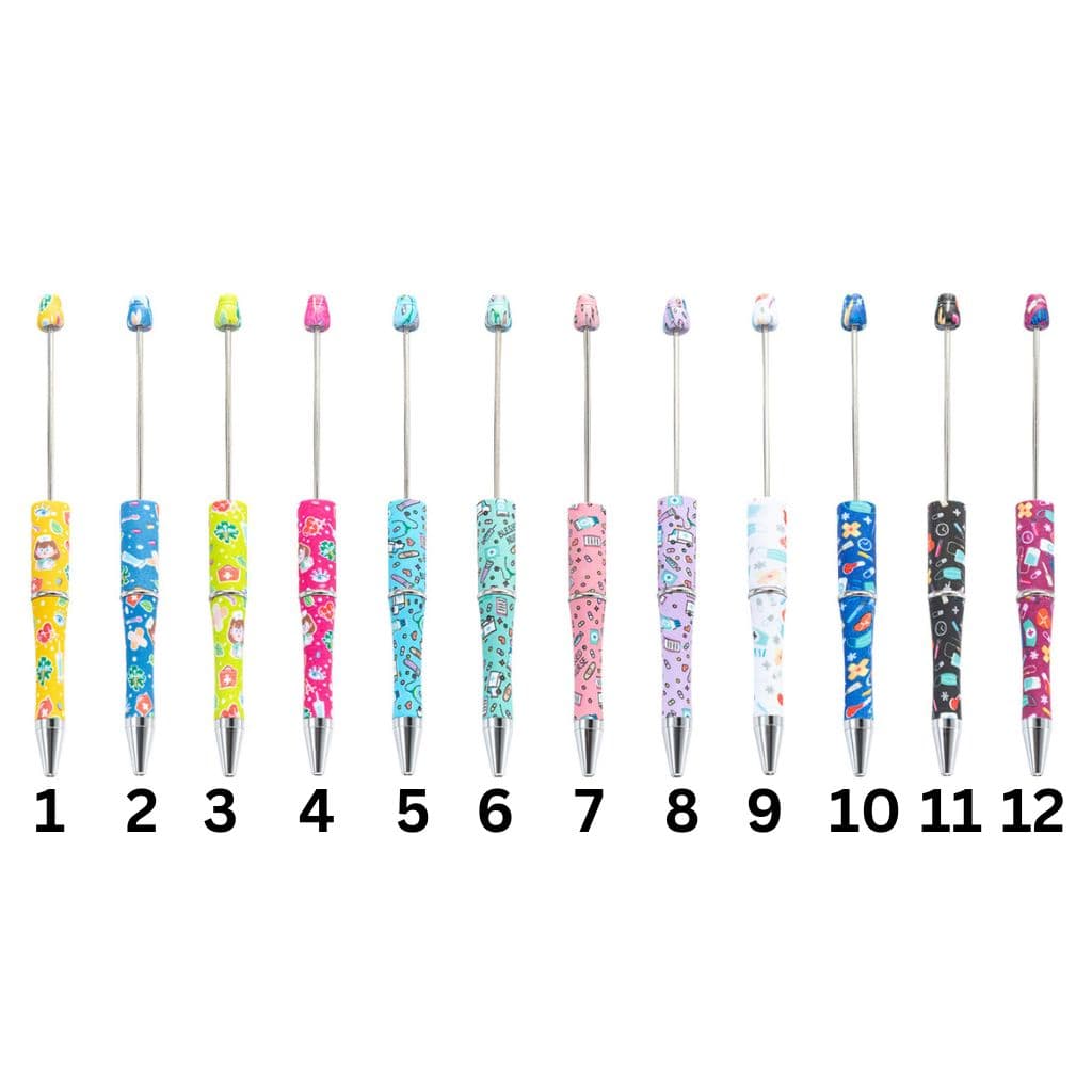 A collection of beadable pens with healthcare design, featuring various colorful patterns and bead decorations on the pens' handles.

