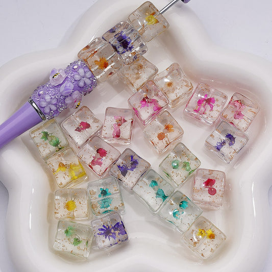 Multi-Color Clear Cube Square Acrylic Beads 14–15MM Dried Flowers Gold Foil Paper Inside (Single Color is available for 200pcs Whole bag)