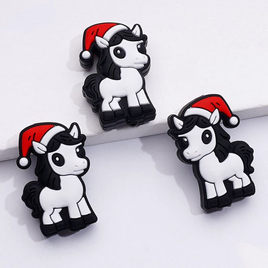 Christmas Pony Silicone Focal Beads Cute Little Horse Wearing Red Holiday Hat