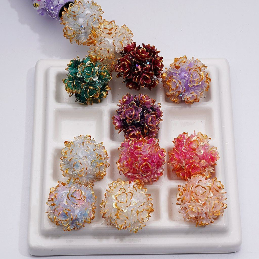 Rose Flower with Gold Edge & AB Rhinestones Round Clay Beads Around 22MM