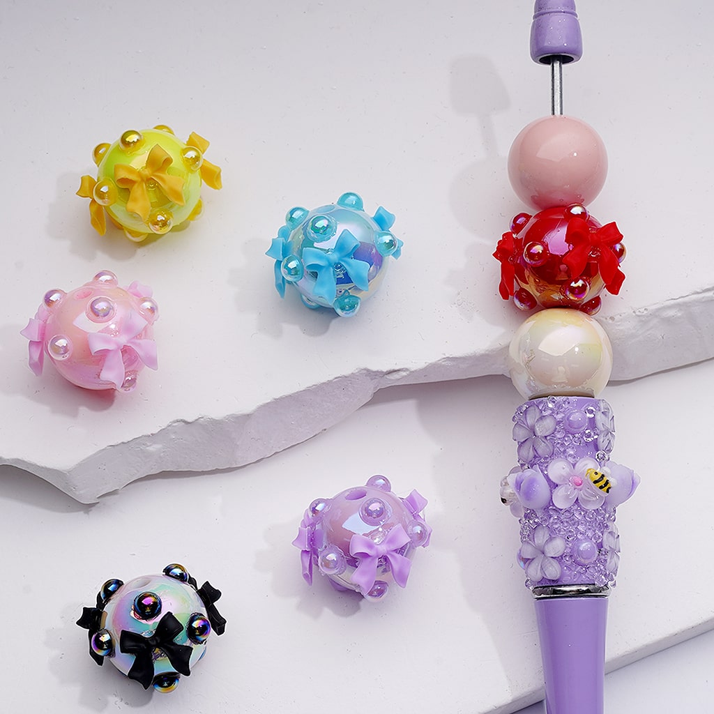 Cute Bowknots UV Coating Round Pearls Acrylic Beads, 20*16MM