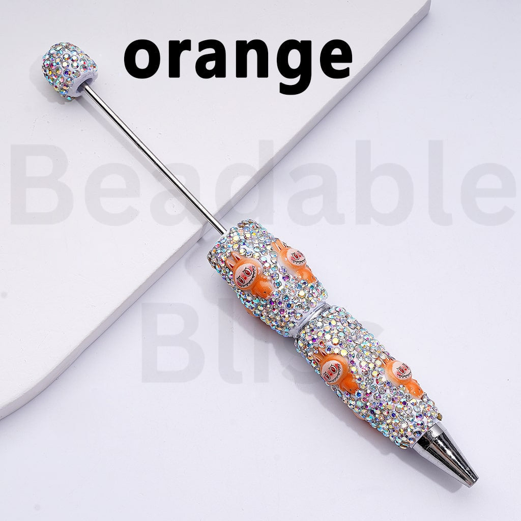 White Color Beadable Clay Pens with Cute Monster Doll AB Rhinestones Covered the Entire Pen