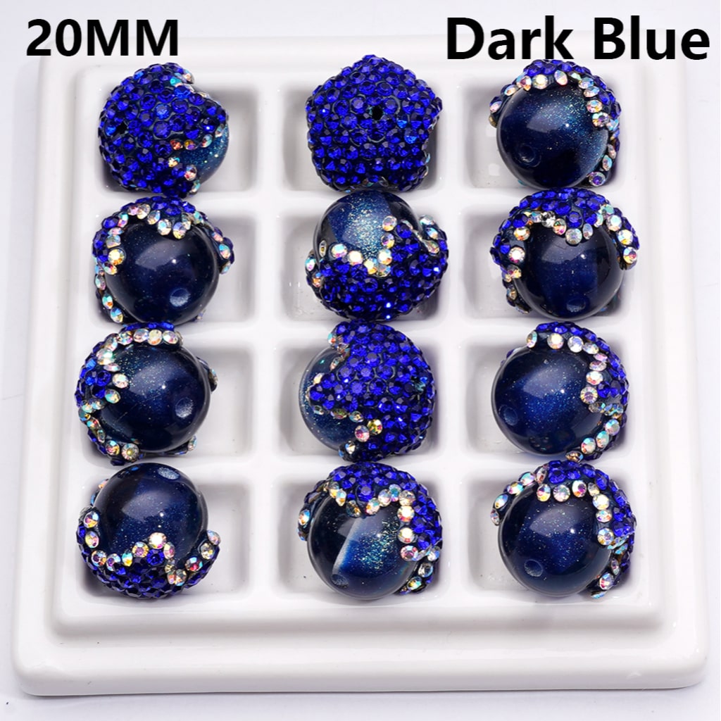 Dark blue beads with rhinestones on a white tray, labeled '20MM Dark Blue'.