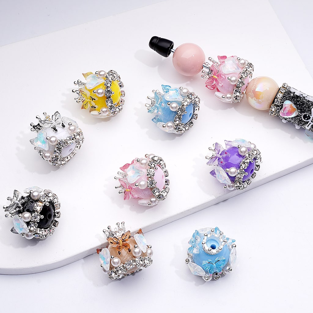 Butterfly Heart with Rhinestones, Pearls & Silver Crown Acrylic Beads 22*22MM Solid Color