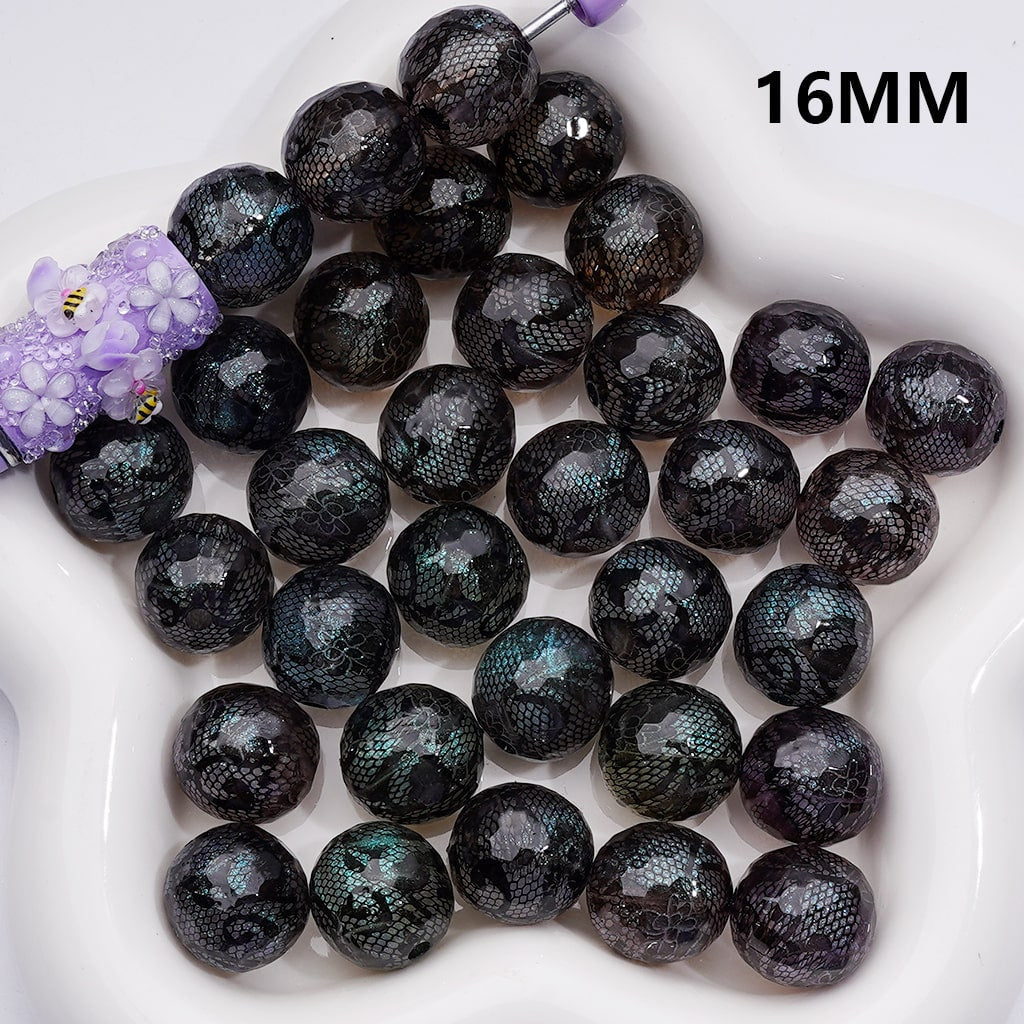 Black Lace Printed Design Round Acrylic Beads, 16MM
