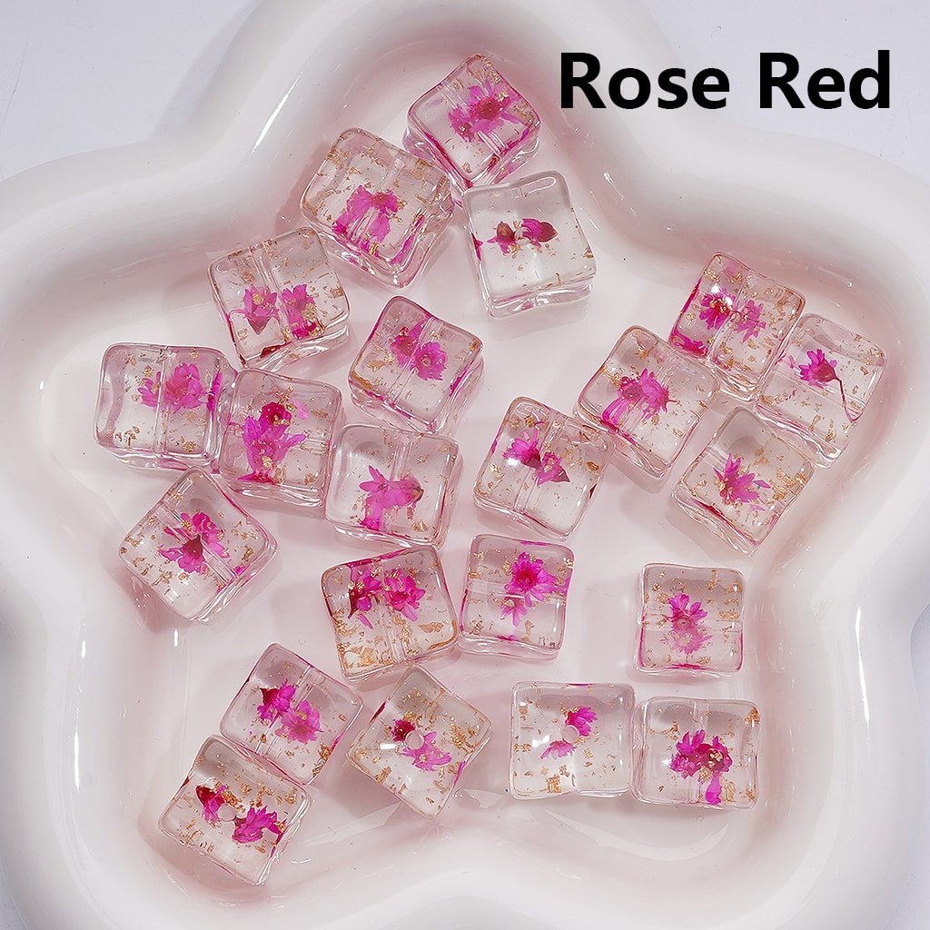 Multi-Color Clear Cube Square Acrylic Beads 14–15MM Dried Flowers Gold Foil Paper Inside (Single Color is available for 200pcs Whole bag)