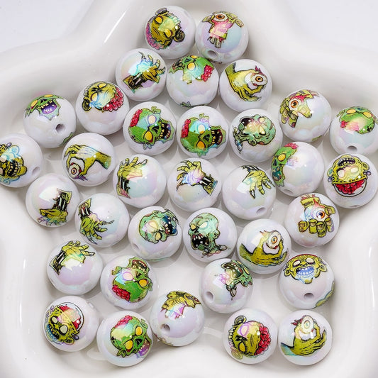 UV Coating Halloween Green Zombie Horror Round Acrylic Beads, 16MM, Random Mix