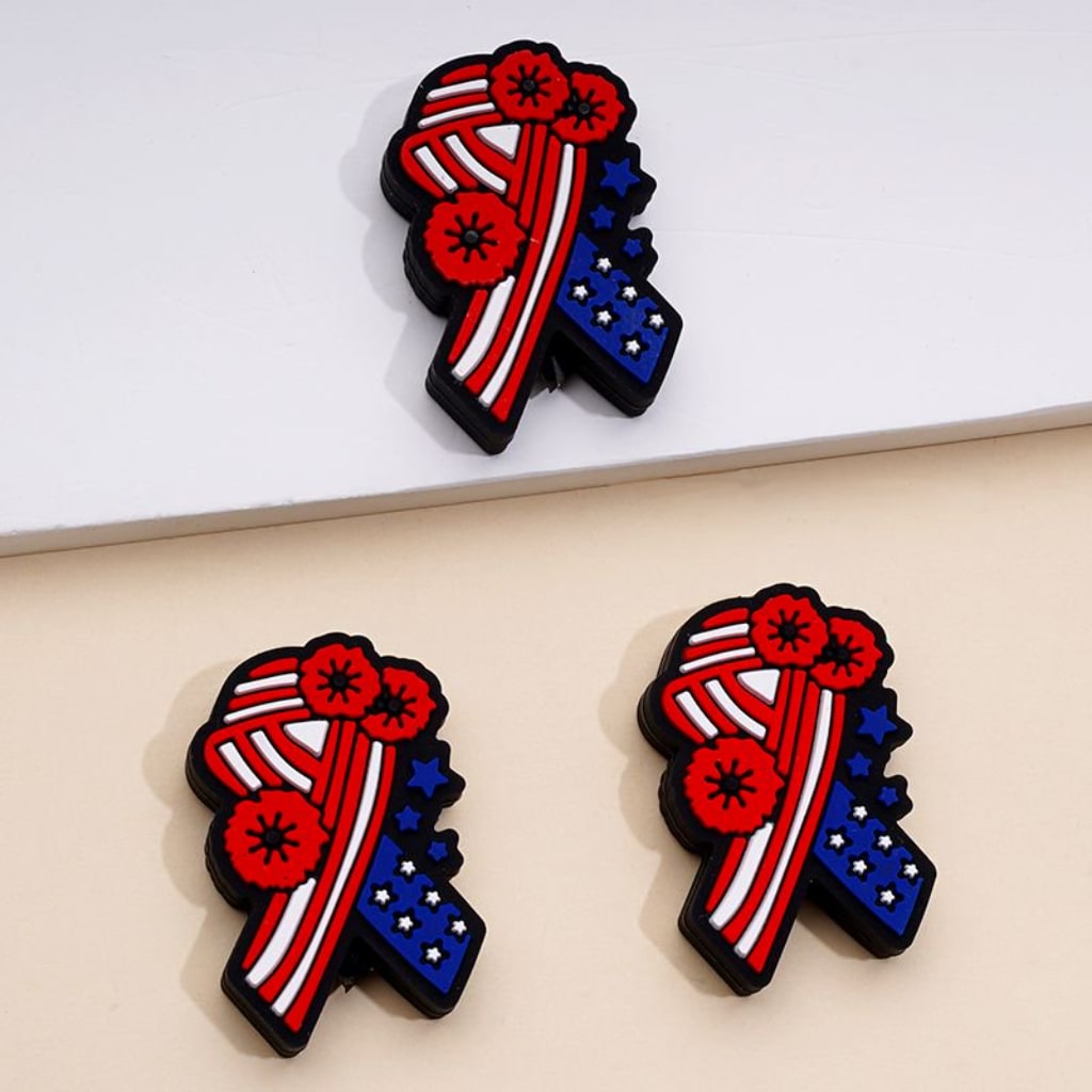 National USA America Flag Style Ribbon Red Flowers Patriotism Silicone Focal Beads