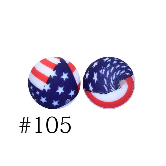 Round USA the US Flag Printed Silicone Beads Number 105