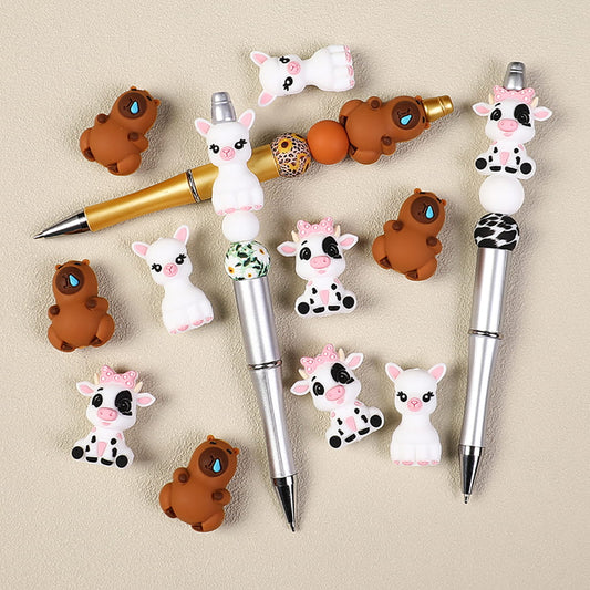 3D Dairy Cattle Animals Series Cute Baby Cow with Pink Polka Dot Bow on Head Silicone Focal Bead