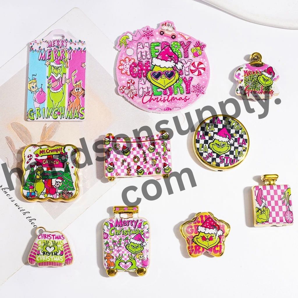 Playful Green Character Series with Vibrant Pink Checker Design Gold-Border Acrylic Beads & Pendants, Random Mix