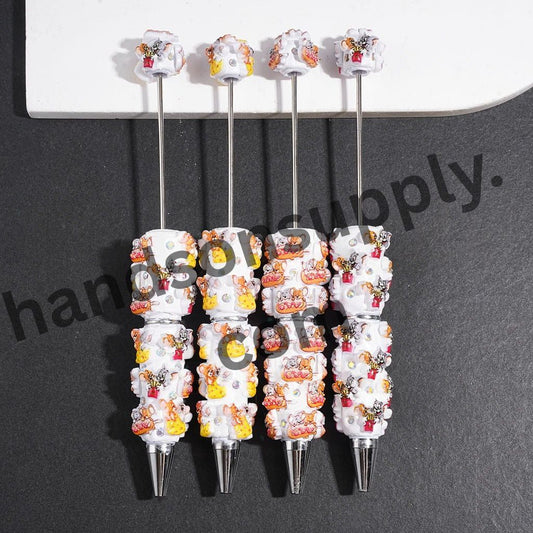 Playful Cat and Mouse Food Character Series with Sparkling AB Rhinestones Beadable Clay Pen