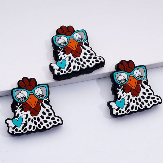 Cool Rooster Charms with Blue Glasses Farmyard Style Acrylic Silicone Beads, Random Mix