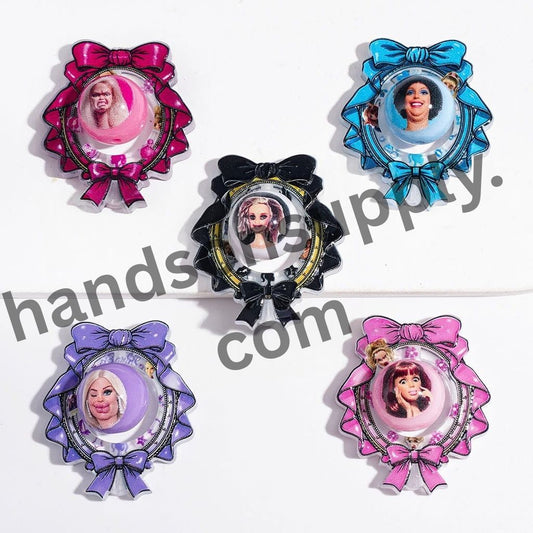 Adorable Hollowed Mirror Frame with Bowtie & Funny Fashion Doll Printed Round Acrylic Beads, Multicolor, Random Mix