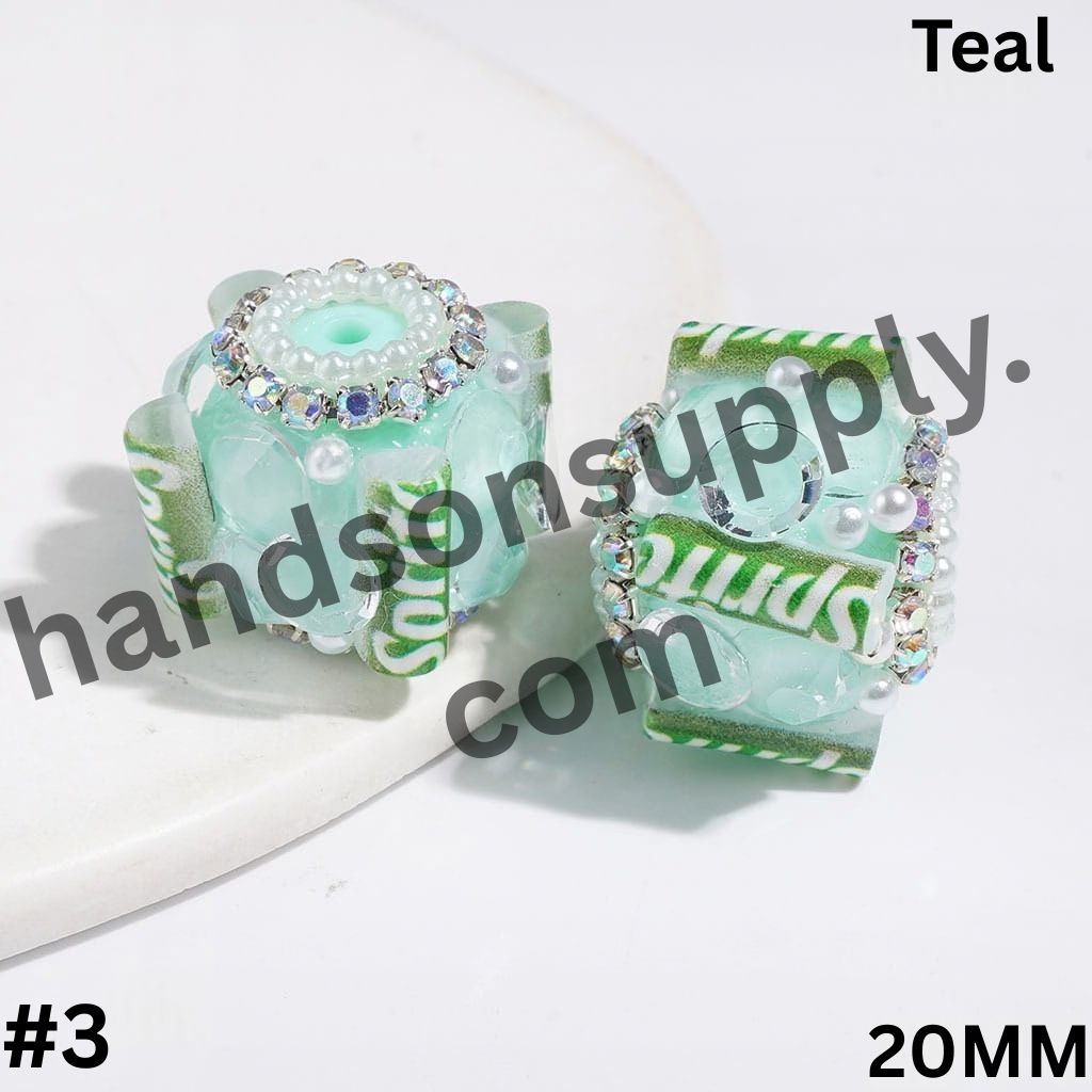 UV-Coated Famous Soft Drink Can Design with Large Cone-Shaped Rhinestones, AB Rhinestones & White Pearl Chains Handmade Acrylic Sugar Beads, 20MM, Multicolor