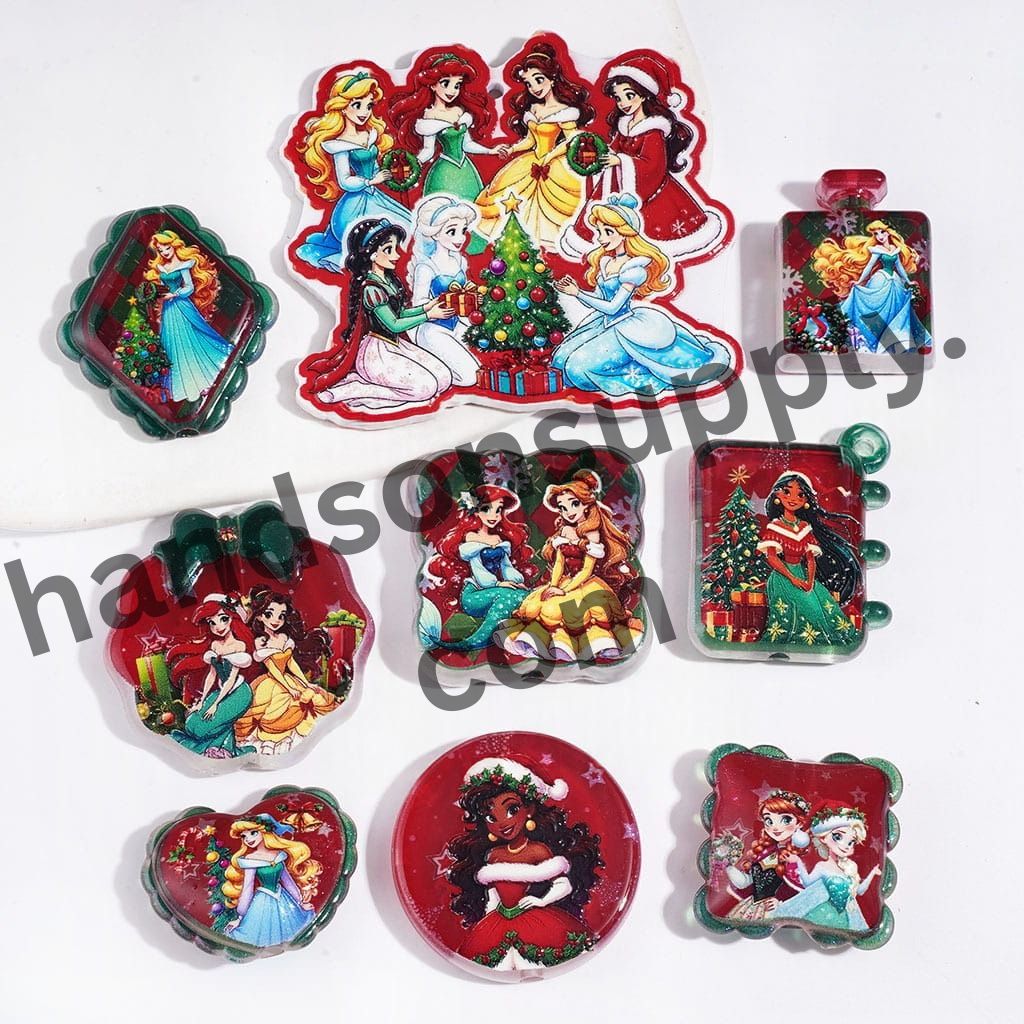 Royal Princess Cartoon Character Series in Christmas Theme with Glitter Acrylic Beads & Pendants, Random Mix