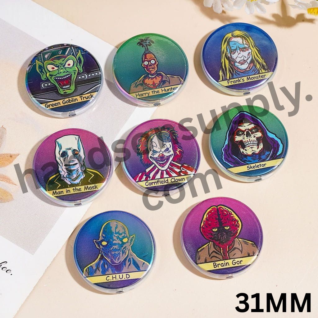 UV-Coated Spooky Monster Halloween Themed Flat Round Shape Acrylic Beads, 31MM, Random Mix