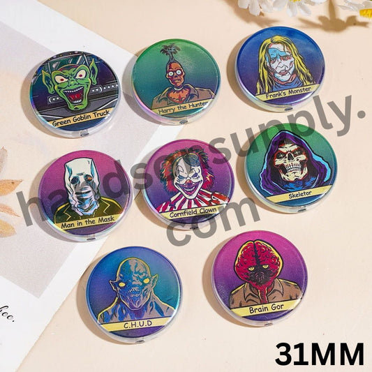 UV-Coated Spooky Monster Halloween Themed Flat Round Shape Acrylic Beads, 31MM, Random Mix