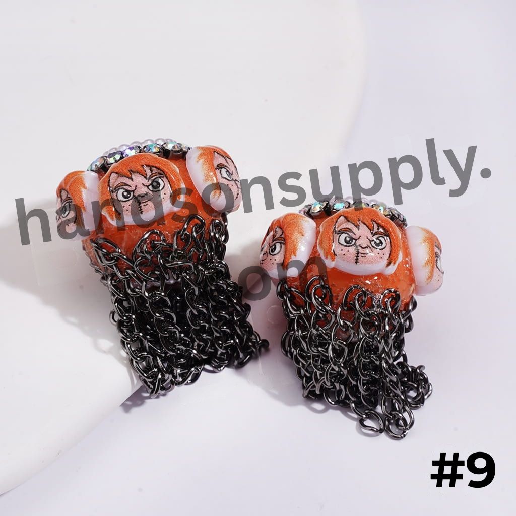 Horror Character with Black Tassel Chains White Pearls & AB Rhinestones Handmade Acrylic Beads