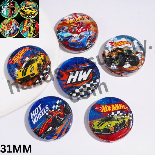 Luminous Sports Car with Shiny Mini Foil Paper Print Flat Round Shape Acrylic Beads, 31MM, Random Mix