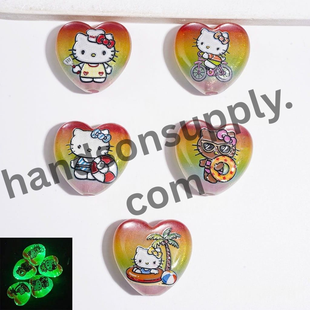 Luminous Summer Vacation Cat Character Prints & Glitter Heart Shape Cat-Eye Style 4 Ombre Colors Acrylic Beads, 23*24MM, Random Mix