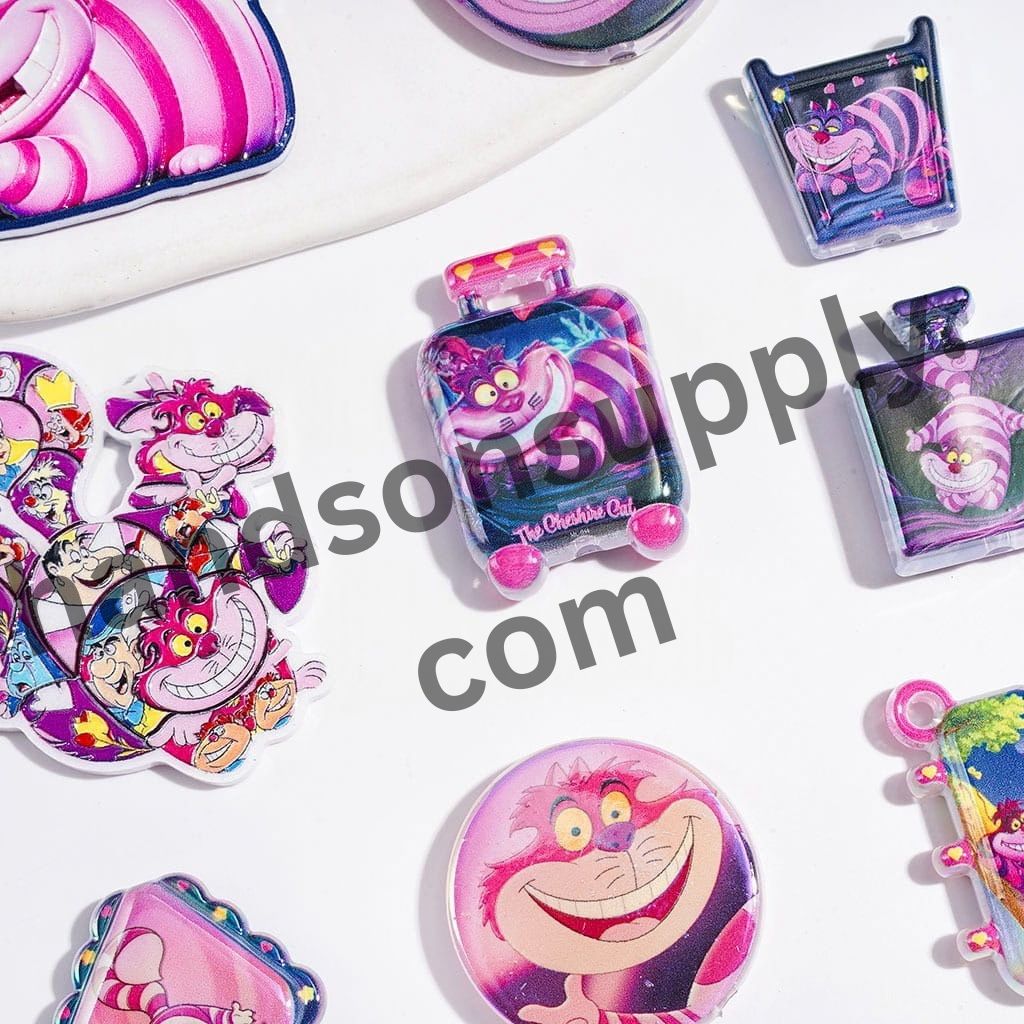 Playful Laughing Cat Character with Pink & Purple Stripe Designs Acrylic Beads & Pendants, Random Mix