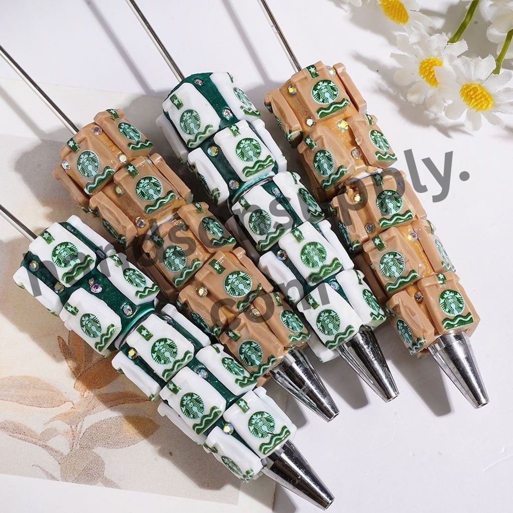 Charming Coffee Bag with Sparkling AB Rhinestone, White & Light Brown Beadable Clay Pens