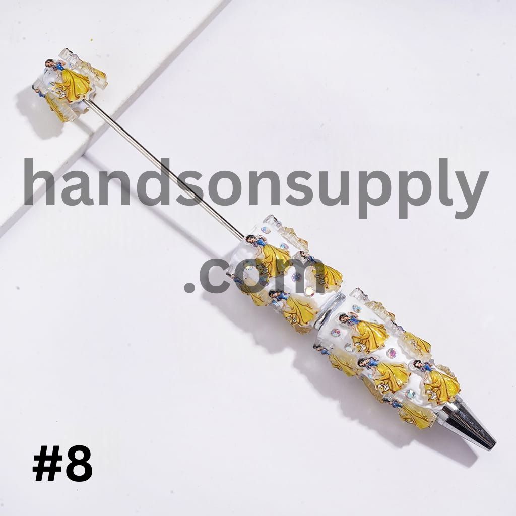 Beadable Clay Pens with White Snow Princess and Seven Gnome Elf Character, AB Rhinestones