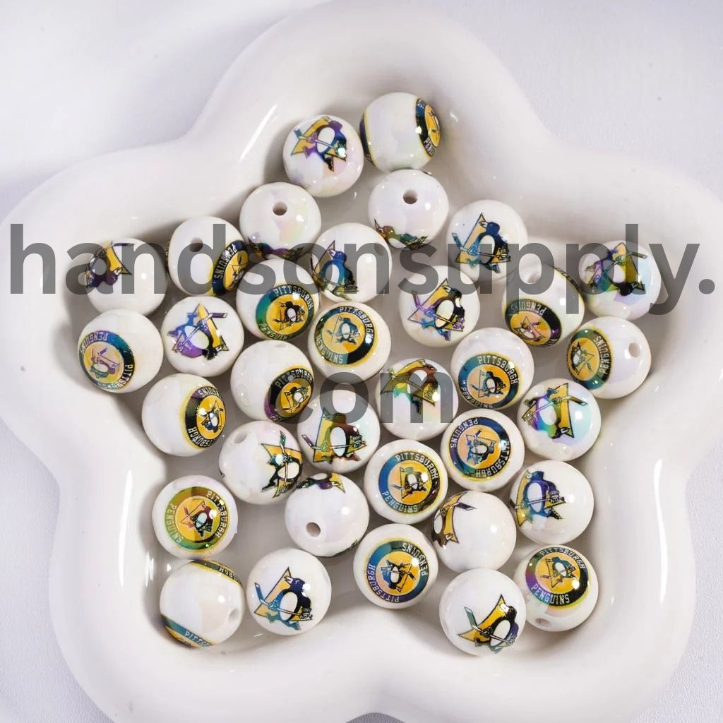 Round UV Coating Ice Hockey Team Pattern Acrylic Beads for Bracelets, 16MM