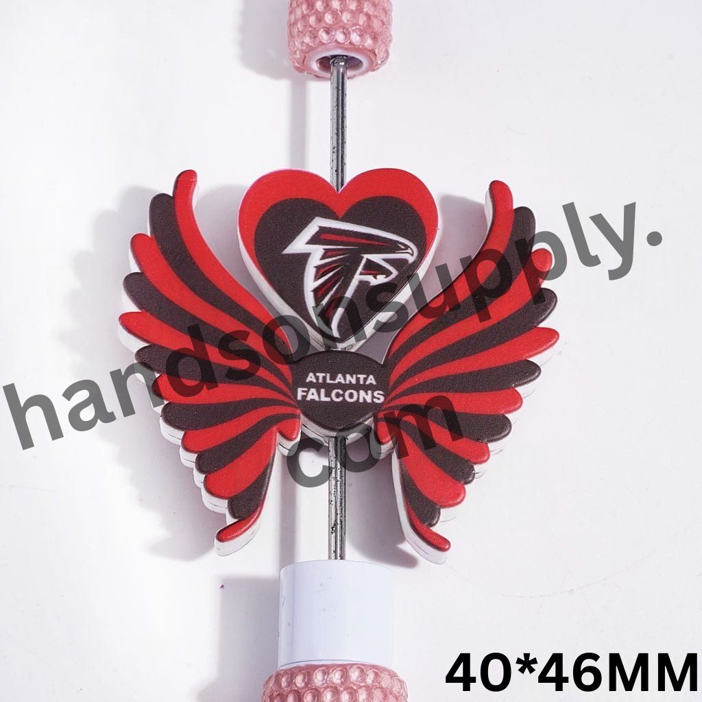 Atlanta American Football Team Logo Printed Heart and Wing Shaped Silicone Focal Beads Set, 40*46MM